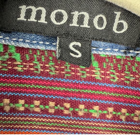 Mono b Southwestern Pearl snap Denim Shirt Colorful woven Accents Wom size small - Picture 9 of 12